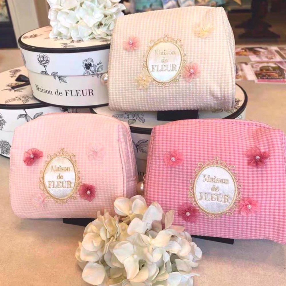 Japanese Maison De Fleur Princess Pink Floral Plaid Pearl Small Makeup Pouch Bag